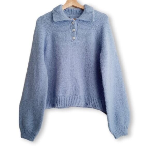 VERO MODA | Mabel Fuzzy Raglan Sleeve Sweater Blue w/ Rhinestone Buttons Sz L - Picture 3 of 15